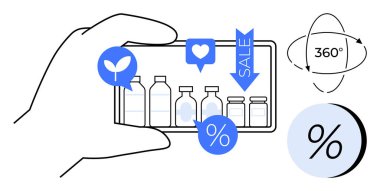 İndirim sembolleri, bir kalp, bir bitki ve 360 derecelik bir görüntü ikonu ile çevrili çeşitli ürün şişelerini gösteren el telefonu. Çevrimiçi alışveriş, e-ticaret, mobil uygulamalar, perakende satış için ideal