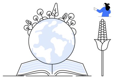 Küre ve bitkilerle dolu açık bir kitap, mısırı işaret eden biri. Eğitim, çevre bilinci, tarım, bilgi ve sürdürülebilirlik için ideal. Temiz basit biçim