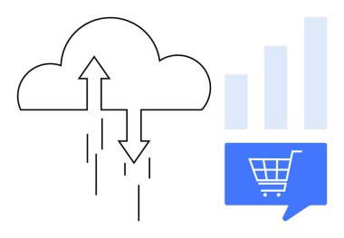 Okları veri transferini gösteren bulut, mavi e-ticaret arabası simgesi ve büyümeyi temsil eden yükselen bar tablosu. Bulut hesaplama, veri yönetimi, e-ticaret, iş büyümesi için ideal, çevrimiçi