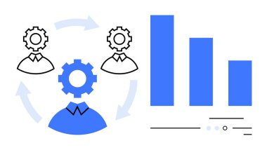 Çalışma kanalı çizelgesinin yanında performans verilerini gösteren iş adamları, kafa simgelerinde iş akışı okları ile temsil ediliyorlar. Proje yönetimi, takım işbirliği, üretkenlik, iş akışı için ideal