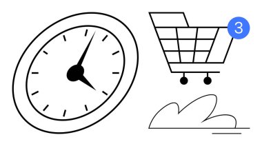 Zaman yönetimini temsil eden saat, çevrimiçi alışverişleri belirten alışveriş arabası ve soyut şekil. E-ticaret için ideal, çevrimiçi alışveriş, zaman verimliliği, dijital pazarlama