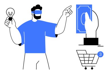 VR kulaklık takan adam elinde bir ampul tutuyor ve ödeme için ikonlara ve üç eşyayla alışveriş arabasına işaret ediyor. E-ticaret için ideal, gelecekteki alışveriş, VR teknolojisi, dijital işlemler, çevrimiçi