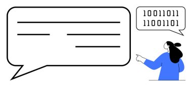 İki büyük metin kutusu ve ikili kod içeren daha küçük bir metin balonu ortaya çıkar. Mavi kazaklı bir kadın ikili kodları işaret ediyor. Modern tasarım, dijital iletişim, kodlama ve teknoloji için ideal