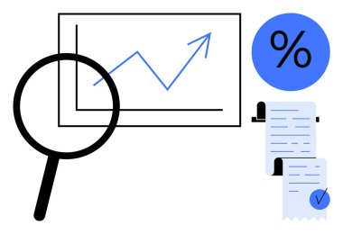 Büyüteç yukarı doğru ok ile büyüme tablosuna odaklanır. Yakınlarda bir yüzde sembolü ve belge kontrol listesi bulunuyor. İş analizi, mali planlama, veri incelemesi ve ekonomi için ideal