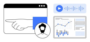Tarayıcı penceresinde kullanıcı profili simgesi, ses oynatma düğmesi ve veri grafikleriyle el gösterimi. İş analizleri için ideal, çevrimiçi eğitim, dijital pazarlama, kullanıcı etkileşimi, veri