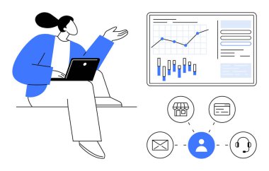 Profesyonel analizler dizüstü bilgisayar verileri geniş ekran grafikleri ve analizleri gösterir. Kullanıcı profiline bağlı iletişim ve müşteri destek simgeleri. Pazarlama, iş stratejisi ve analitik için ideal