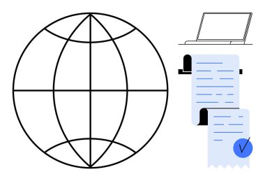 Dünya küresi, dizüstü bilgisayar ve basit soyut bir işaretle işaretlenmiş belge. Küresel iletişim, teknoloji, dijital işlemler, çevrimiçi belgeler ve ağ temaları için ideal