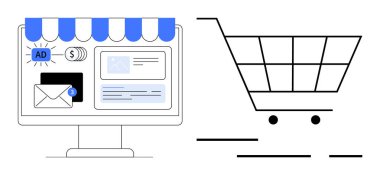 Çevrimiçi mağaza önü e-posta ve reklam sembolleriyle hareket eden bir alışveriş arabasının yanında. E-ticaret, çevrimiçi alışveriş, dijital pazarlama, iş siteleri, çevrimiçi perakende, İnternet reklamları, kullanıcı