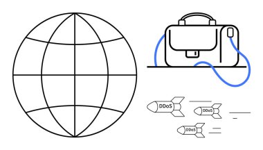Küresel internet ve bağlantıyı simgeleyen küresel küre, iş savunmasızlığını temsil eden evrak çantası ve siber saldırıları gösteren DDoS etiketli füzeler. Siber güvenlik, iş riski ve dijital için ideal