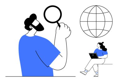 Kadın dizüstü bilgisayarla otururken, erkek büyüteçleri dikkatle tutuyor. Küre ana hatları küresel ulaşımı sembolize eder. İş analizi, araştırma, takım çalışması, çevrimiçi eğitim ve yenilik için ideal