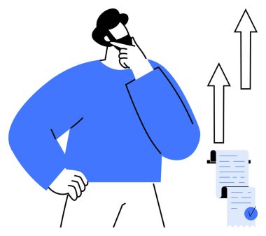 Elleri çenesinde, diğeri belinde düşünen biri. Yanlarında işaretli iki belge ve yukarı doğru iki ok var. İş stratejisi, planlama, analiz, büyüme için ideal