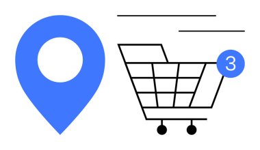 Mavi lokasyon iğnesi ve 3 rozetli alışveriş arabası. Çevrimiçi alışveriş, lojistik, dağıtım hizmetleri, e-ticaret uyarıları, konum tabanlı hizmetler, dijital pazarlama ve sipariş için ideal