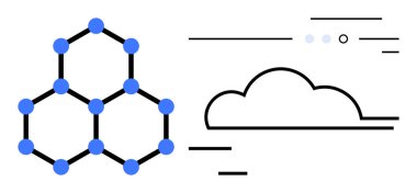 Minimalist bulut sembolünün yanında siyah çizgilerde mavi düğümlü altıgen moleküler yapı. Bilim, teknoloji, bulut hesaplama, moleküler biyoloji, ağlar, dijital veriler için ideal