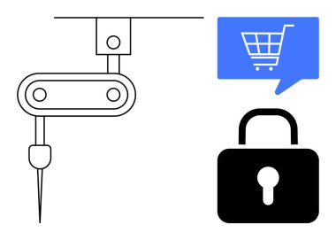 İğneli robot kol, konuşma balonunda mavi e-ticaret alışveriş arabası ve siyah asma kilit. Teknoloji yeniliği, siber güvenlik, çevrimiçi alışveriş, otomasyon, yapay zeka, veri güvenliği, modern endüstri için ideal