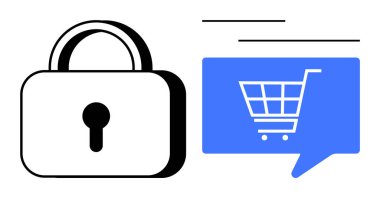 Asma kilit, yanında alışveriş arabası olan mavi bir konuşma balonunun yanında güvenliği simgeliyor. Çevrimiçi alışveriş, siber güvenlik, e-ticaret güvenliği, veri koruması, perakende güvenliği, güvenli işlemler için ideal