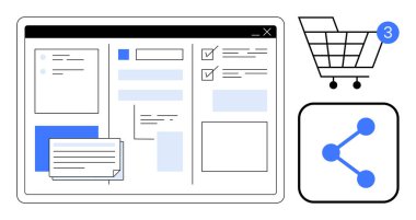 Alışveriş arabasının yanında görev yönetimi arayüzüne sahip bilgisayar ekranı bildirim ve paylaşım simgesi. E-ticaret, üretkenlik, sosyal medya, proje yönetimi, çevrimiçi alışveriş, dijital
