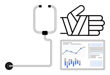 Stetoskop, el hareketi ve analitik veri tablosu. Sağlık hizmetleri, tıp uzmanları, hasta memnuniyeti, tıbbi teknoloji, veri analizi, sağlık eğilimleri, sağlık