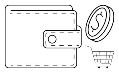 Kapaklı cüzdan, işaretli bozuk para dolar işareti ve alışveriş arabası. Kişisel finans, tasarruf, bütçe, alışveriş ve ekonomi yönetimi gibi konular için idealdir. Basit satır sanatı