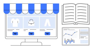 Çevrimiçi perakende mağazası, açık bir kitap ve veri analiz paneli eşliğinde grafik ve grafikleri göstererek bilgisayar monitöründe sergilendi. E-ticaret, dijital pazarlama, çevrimiçi öğrenme için ideal