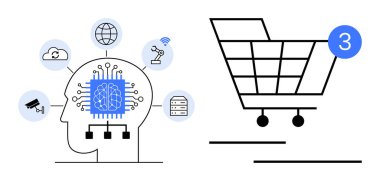 Yapay zeka buluta, küreye, robotik kola, sunucuya ve kameraya bağlanıyor. Yanında da 3 numaralı alışveriş arabası var. Teknoloji, yapay zeka, e-ticaret, yenilik, endüstri, modernite ve otomasyon için ideal