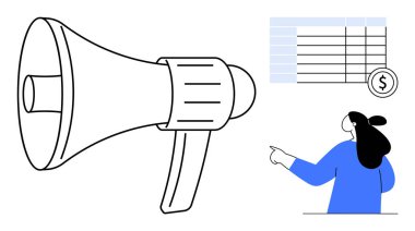 Hoparlör ve kadın para birimi sembolü ile finansal tabloyu işaret ediyorlar. Reklam, pazarlama, finans, iş geliştirme, sunum için ideal. Minimalist stil