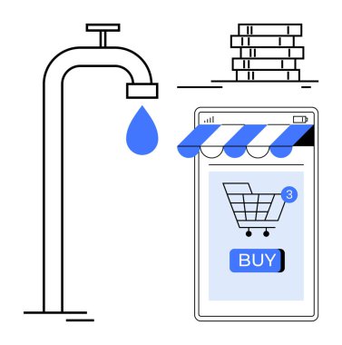 Damlayan musluk suyu, birikmiş madeni paralar, alışveriş arabalı mobil cihaz ve e-ticaret, çevrimiçi alışveriş, mali yönetim, kolaylık ve modern yaşam tarzı satın alma düğmesi vurgulama kavramları