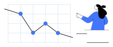 İş kadını, azalan bir eğilimi gösteren veri göstergelerini gösteren bir çizgi grafiğine işaret ediyor. İş sunumları için ideal veri analizi finansal raporlar pazar eğilimleri ekonomik göstergeler. Minimalist