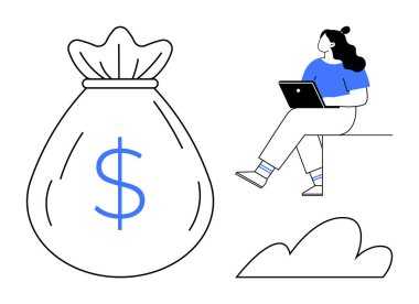 Dizüstü bilgisayarda çalışan bir kadın büyük bir para çantasının yanında oturuyor. Finansal planlama, çevrimiçi bankacılık, yatırım yönetimi, iş stratejisi, uzaktan çalışma, finans teknolojisi, ekonomik büyüme için ideal