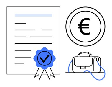 Mavi kurdeleli ve işaretli sertifika, büyük euro işareti bozuk para ve evrak çantası. Ticari başarı, mali işlemler, kariyer kilometre taşları, sertifikalar, sözleşmeler, kurumsal eğitim için ideal