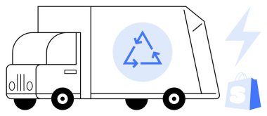 Yanında geri dönüşüm sembolü olan bir teslimat kamyonu. Yakınlarda bir elektrik sembolü ve bir alışveriş poşeti ikonu var. Çevre dostu ambalaj, sürdürülebilir ulaşım, yeşil lojistik, e-ticaret için ideal