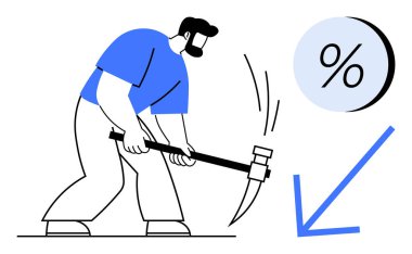 Yüzdelik bir sembol ve aşağı doğru bir okun yanında kazmayla temel atan bir adam. Mali düşüş, borç, ekonomik sorunlar, iş mücadeleleri, yatırım kayıpları, durgunluk, şirket sorunları için ideal