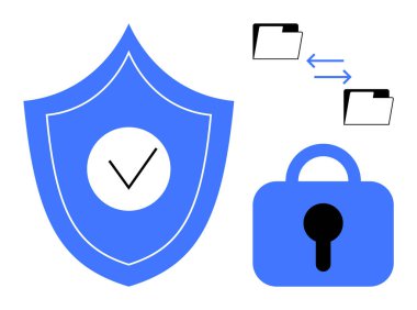 Üzerinde kontrol işareti olan mavi bir kalkan, bir asma kilit ve iki oklu klasör veri alışverişini gösteriyor. Siber güvenlik, veri koruması, bilgi güvenliği, güvenli veri transferi ve bilişim çözümleri için ideal