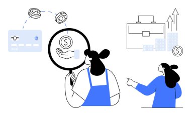 Büyüteçle finans verilerini ve yatırımlarını analiz eden bir iş kadını. Finans, yatırım büyümesi, iş analizi, piyasa araştırması ve ekonomik eğitim temaları için idealdir. Basit modern.