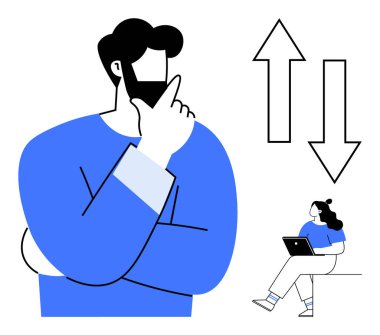 İş adamı bilgisayarını kullanarak iş arkadaşıyla derin düşüncelere dalmış. Oklar büyüme ve düşüş eğilimlerini gösteriyor. İş stratejisi, analiz, takım çalışması, kariyer planlaması, karar verme, danışmanlık için ideal