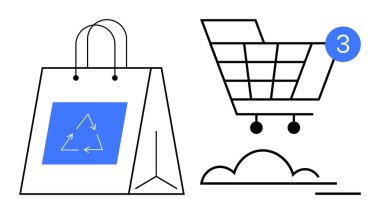 Alışveriş çantasının yanında geri dönüşüm sembolü var. Arabadaki üç yeni eşya için uyarı sembolü, çevrimiçi alışveriş anlamına geliyor. Çevre dostu alışveriş, e-ticaret ve çevre için ideal