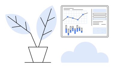 Saksı bitkisi, grafikler ve grafiklerle analitik çizelge ve bir bulut sembolü. Ticari büyüme, çevresel etki, teknik raporlar, veri analizi, bulut hesaplama, kurumsal sunumlar için ideal