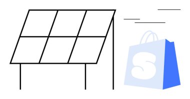 Güneş paneli ve içinde S harfi bulunan bir alışveriş torbası, çevre dostu uygulamalara odaklanmış durumda. Çevre dostu yaşam tarzları için ideal, yenilenebilir enerji, sürdürülebilirlik, yeşil alışveriş, minimalist