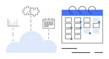 Çubuk grafiğe, bulmaca parçalarına ve olayları temsil eden noktalı takvime bağlı bulut. Proje yönetimi, takım çalışması, entegrasyon, üretkenlik, zamanlama, veri senkronizasyonu ve dijital için ideal