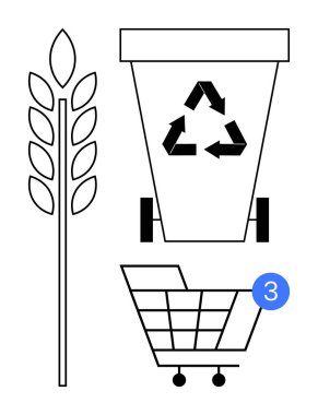 Üçgen sembollü çöp kutusunu geri dönüşüm sembolü buğday sembolü ve 3 numaralı alışveriş arabası tabelası. Sürdürülebilirlik, tarım, çevre dostu alışveriş, atık yönetimi, geri dönüşüm için ideal