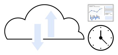 Veri transferini temsil eden çift yönlü oklu bulut, grafikli analitik gösterge paneli ve zaman yönetimini gösteren saat. Veri depolama çözümleri, zaman verimliliği ve verimlilik için ideal