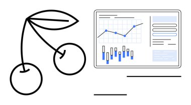 Veri analiz panelinin yanında yaprakları olan kiraz çizgileri, çizelgeler, grafikler ve veri tabloları. Gıda endüstrisi, veri analizi, iş performansı, sağlık ölçümleri ve finans için ideal
