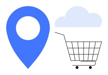 Mavi konum broşu ve alışveriş arabası simgeleri online alışveriş lojistik dağıtımı ve e-ticareti sembolize ediyor. Çevrimiçi alışveriş dijital mağazaları ve lojistik ürünleri pazarlamak için ideal