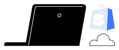 Bir dizüstü bilgisayar, online alışveriş ve bulut tabanlı mağaza hizmetlerini temsil eden bir alışveriş çantası ve bulut simgesinin yanında yer alır. E-ticaret, dijital perakende, teknolojik çözümler, bulut depolama, sanal alışveriş için ideal