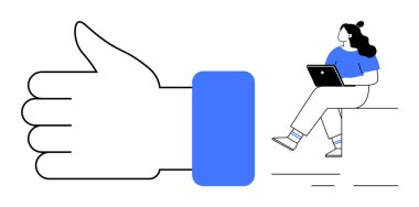 Dizüstü bilgisayarı olan bir kadın büyük baş parmak işareti yanında oturuyor. İllüstrasyon onayı, sosyal medya katılımı, olumlu geri bildirim, çevrimiçi etkileşimler, dijital eğilimler, kullanıcı memnuniyeti, modern