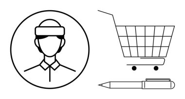 Başlık, alışveriş arabası ve kalem takan birinin profili. İş, perakende satış, çalışan kimliği, alışveriş hizmetleri ve ofis malzemeleri için ideal. Basit ve temiz satır sanatı tarzı