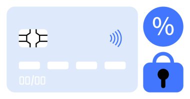Kilitli ve yüzde işareti mavi olan temassız kredi kartı. Güvenli ödemeler, bankacılık, indirimler, finans ve teknoloji için ideal. Modern vektör grafiği