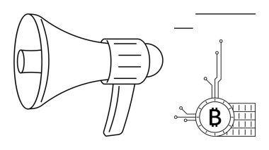 Bir megafon ve devre hatlarına bağlı bir Bitcoin sembolünün dijital temsili. Çevrimiçi dijital pazarlama kripto para birimi farkındalığı için ideal finansal teknoloji engelleme zinciri teknolojisi