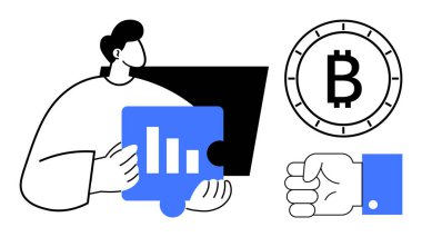 Bar çizelgesiyle yapboz tutan adam, bozuk paranın içinde bitcoin sembolü, tokalaşma. Engelleme zinciri, analitik, ortaklık, fintech, takım çalışması, kripto para birimi, iş geliştirme için ideal. Satır metaforu