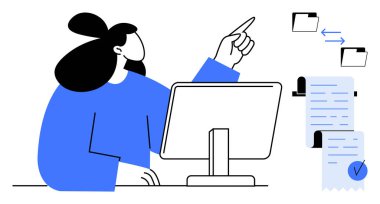 Mavi kıyafetli bir kadın bilgisayar üzerinde çalışıyor, belgeleri ve veri transferini yönetiyor. Dijital çalışma alanı, organizasyon, üretkenlik, iş akışı yönetimi ve ofis temaları için idealdir. Basit.