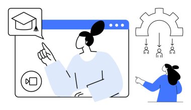 Mezuniyet şapkasıyla sembolize edilen online eğitim platformunu gösteren kişi. Ayrıca çark altında bağlı kişilerle takım çalışması da gösteriyor. Eğitim, uzaktan çalışma ve takım çalışması için ideal